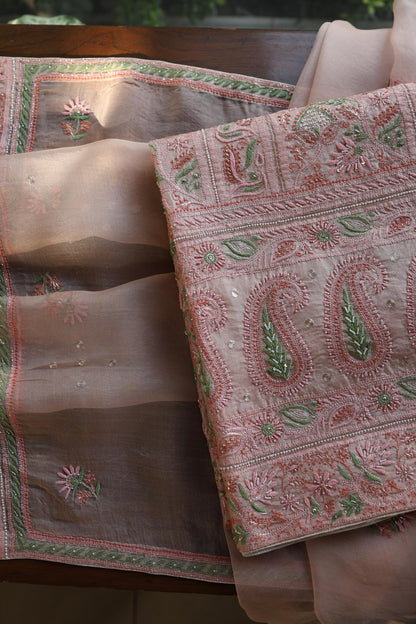 Dusty Peach Shade Noor Banarasi Organza Chikankari Unstitched Fabric