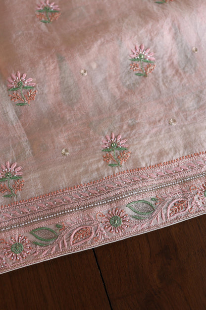 Dusty Peach Shade Noor Banarasi Organza Chikankari Unstitched Fabric