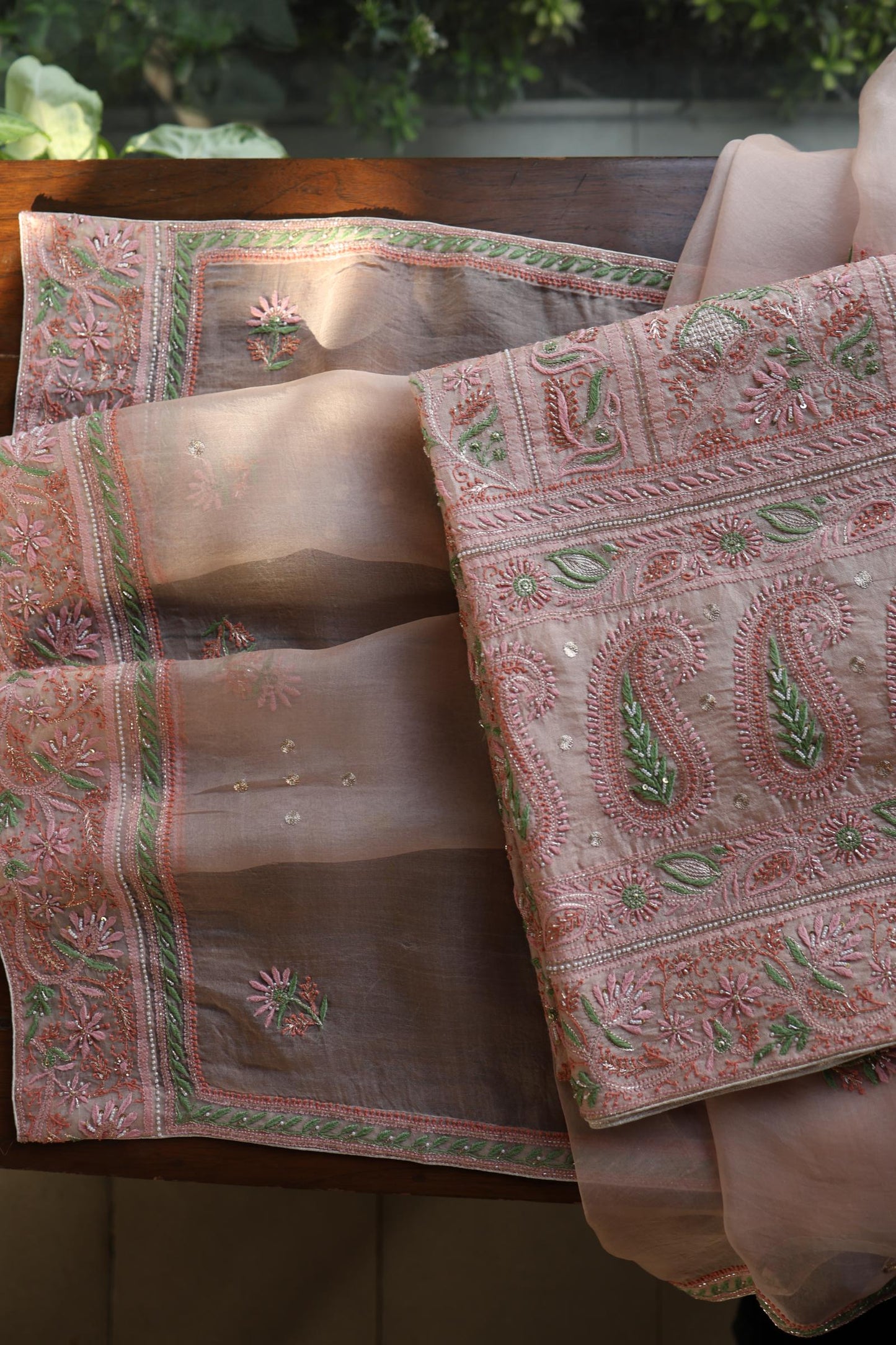Dusty Peach Shade Noor Banarasi Organza Chikankari Unstitched Fabric