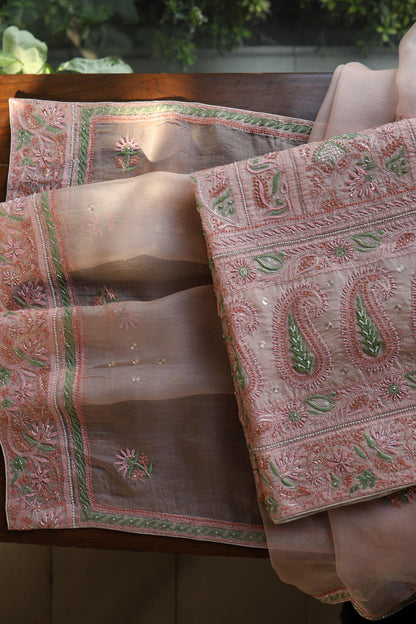 Dusty Peach Shade Noor Banarasi Organza Chikankari Unstitched Fabric