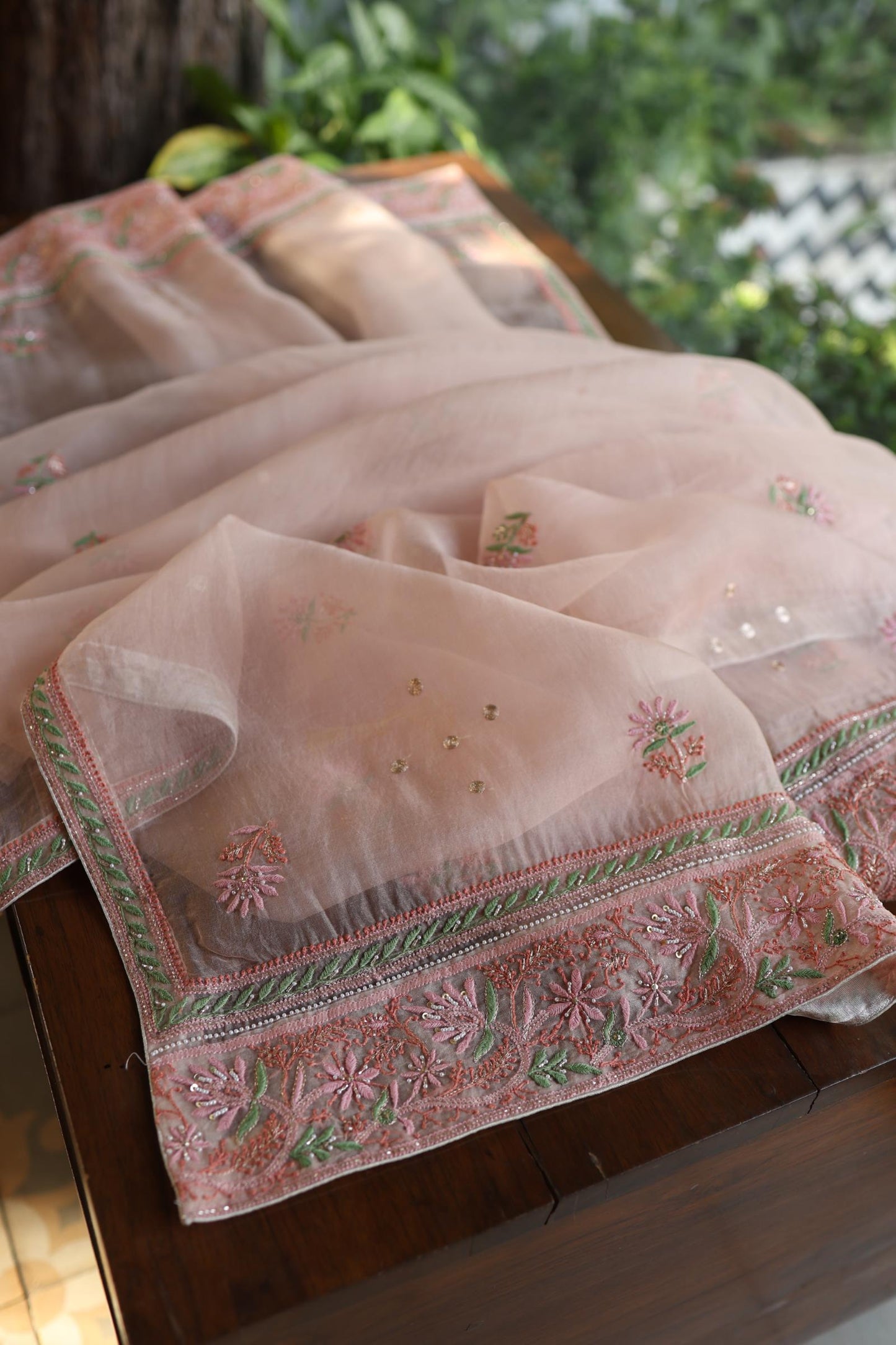 Dusty Peach Shade Noor Banarasi Organza Chikankari Unstitched Fabric