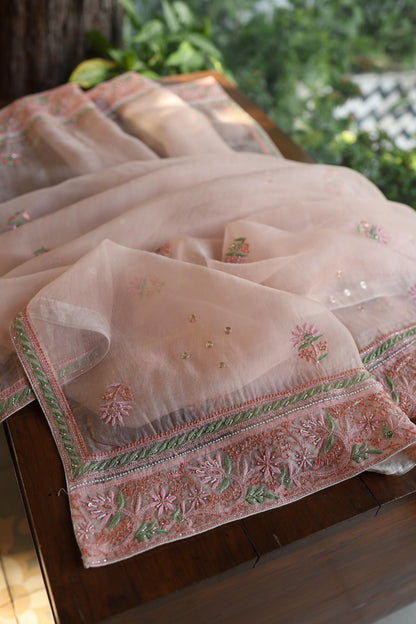 Dusty Peach Shade Noor Banarasi Organza Chikankari Unstitched Fabric