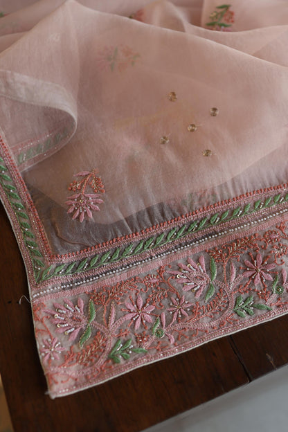 Dusty Peach Shade Noor Banarasi Organza Chikankari Unstitched Fabric
