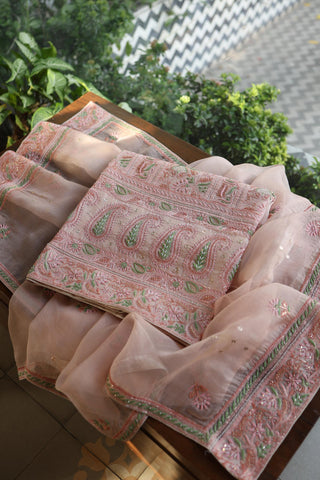 Dusty Peach Shade Noor Banarasi Organza Chikankari Unstitched Fabric