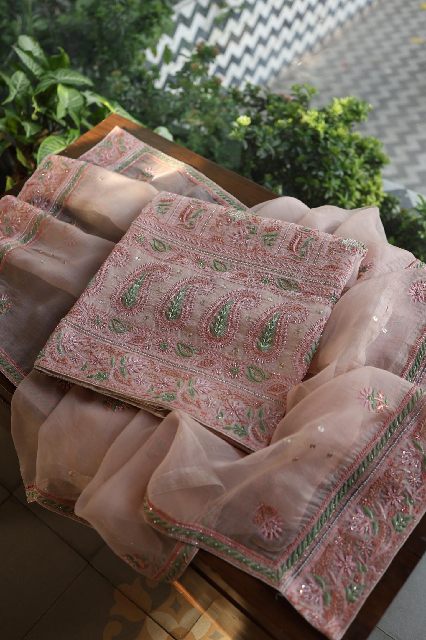 Dusty Peach Shade Noor Banarasi Organza Chikankari Unstitched Fabric