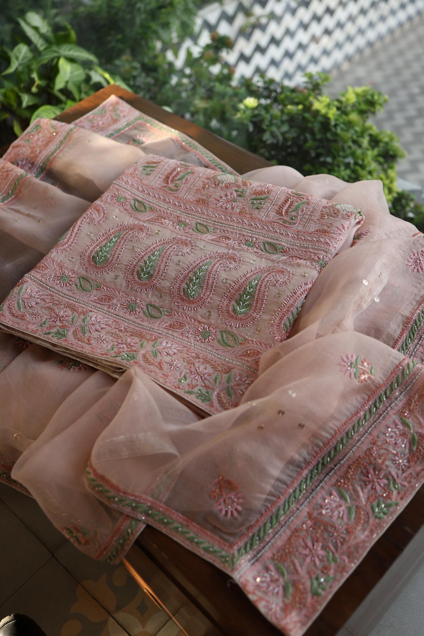 Dusty Peach Shade Noor Banarasi Organza Chikankari Unstitched Fabric