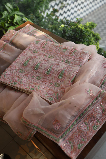Dusty Peach Shade Noor Banarasi Organza Chikankari Unstitched Fabric