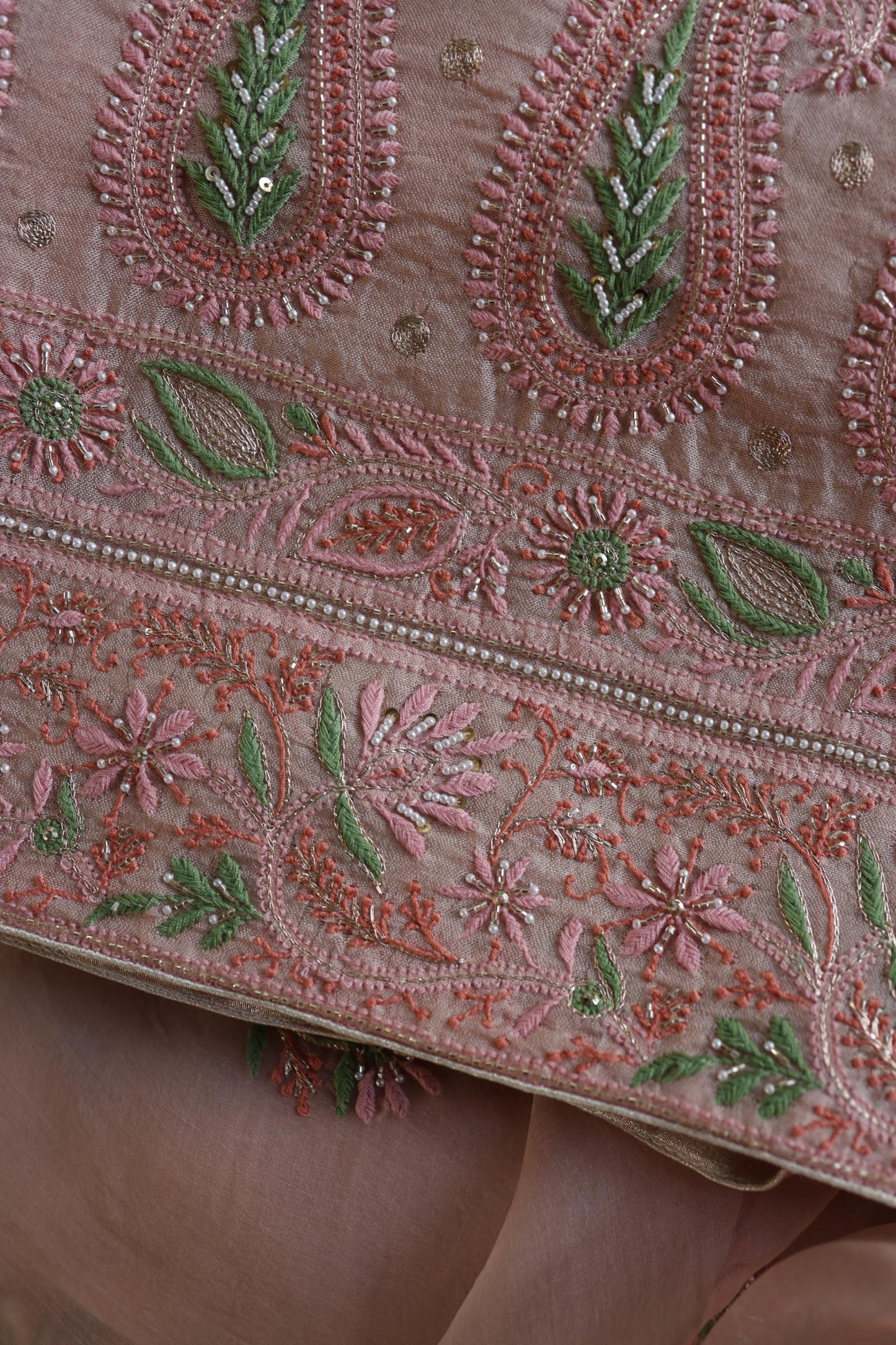 Dusty Peach Shade Noor Banarasi Organza Chikankari Unstitched Fabric