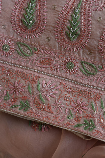 Dusty Peach Shade Noor Banarasi Organza Chikankari Unstitched Fabric