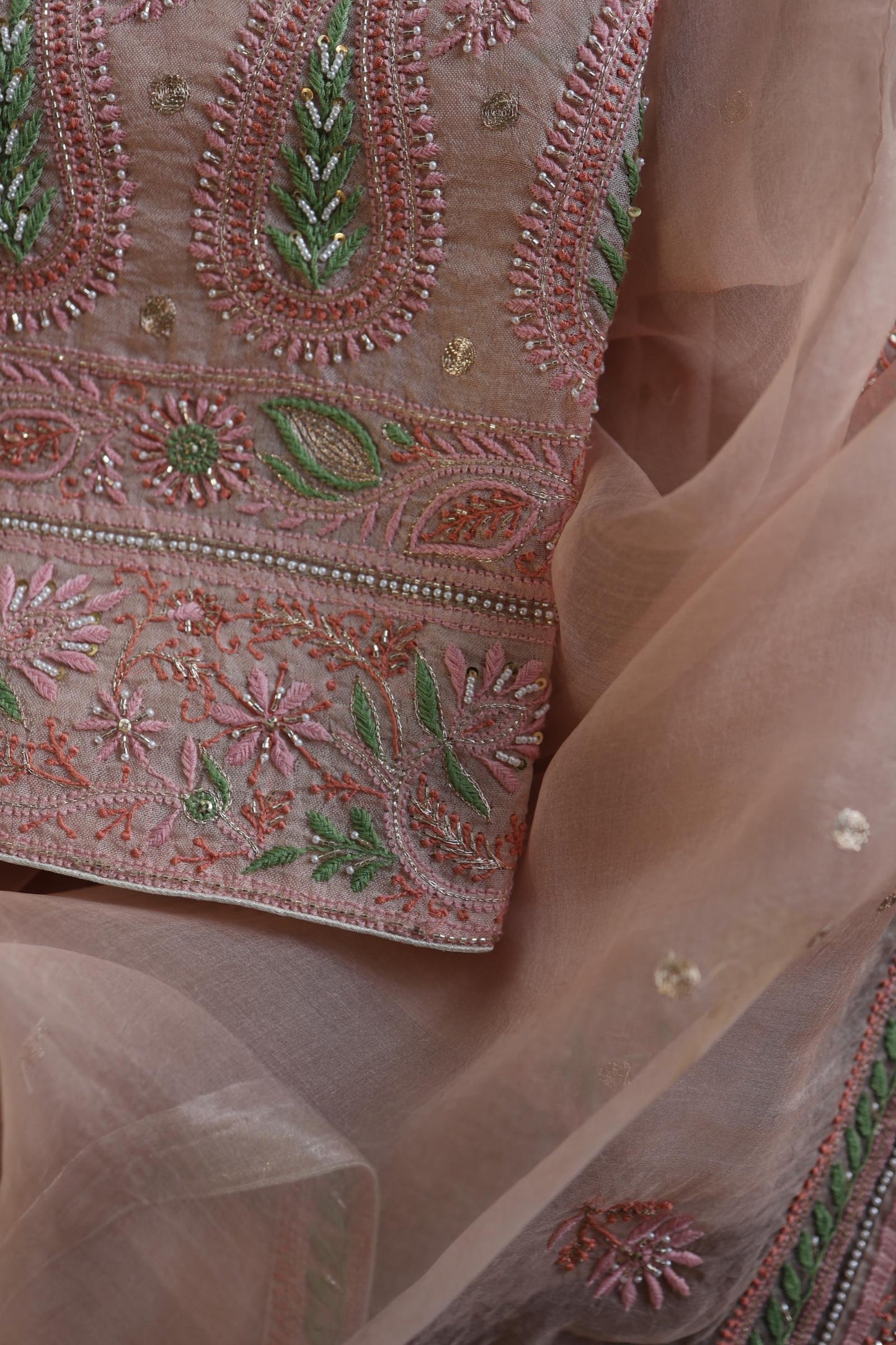 Dusty Peach Shade Noor Banarasi Organza Chikankari Unstitched Fabric