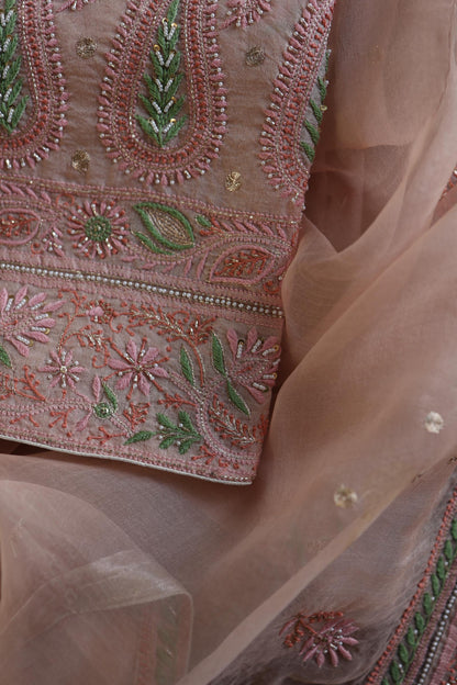 Dusty Peach Shade Noor Banarasi Organza Chikankari Unstitched Fabric