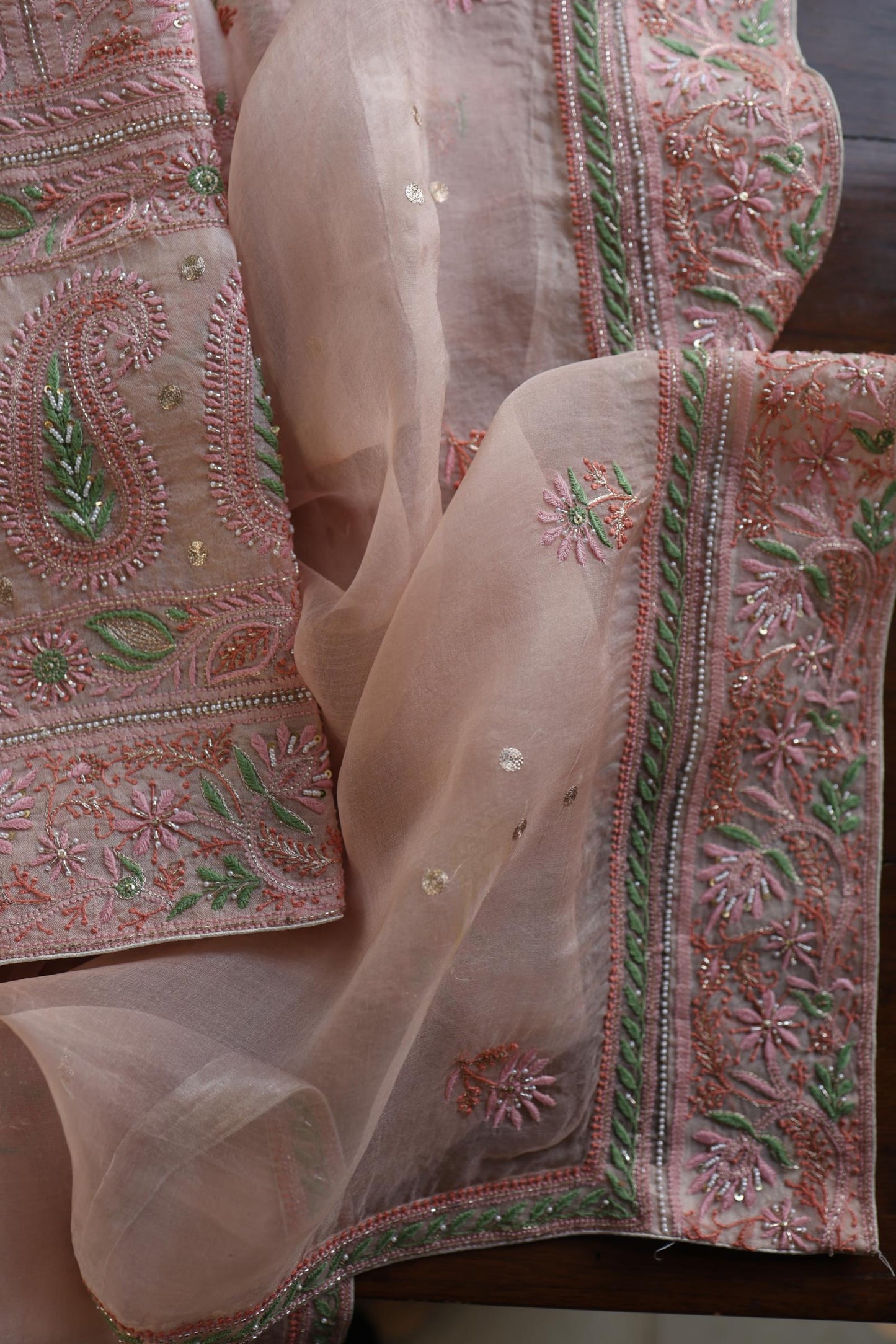 Dusty Peach Shade Noor Banarasi Organza Chikankari Unstitched Fabric