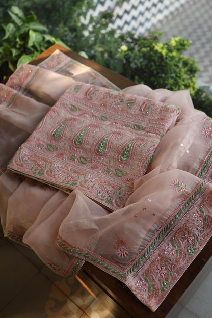 Dusty Peach Shade Noor Banarasi Organza Chikankari Unstitched Fabric