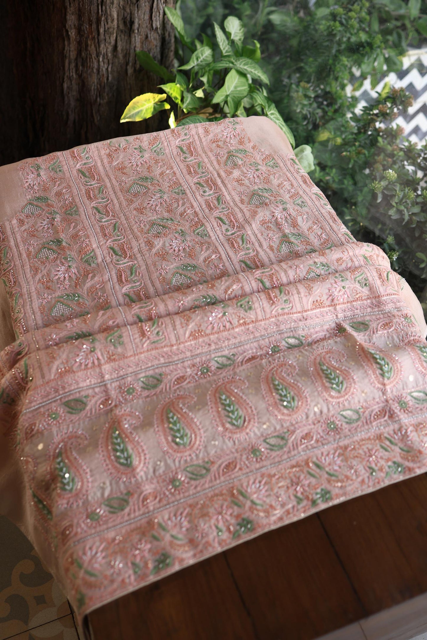 Dusty Peach Shade Noor Banarasi Organza Chikankari Unstitched Fabric