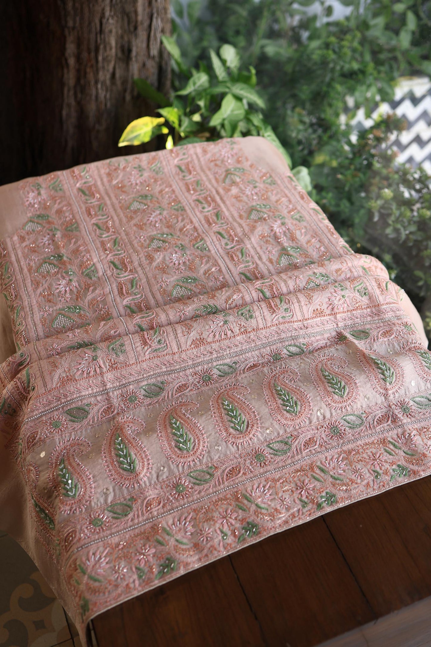 Dusty Peach Shade Noor Banarasi Organza Chikankari Unstitched Fabric