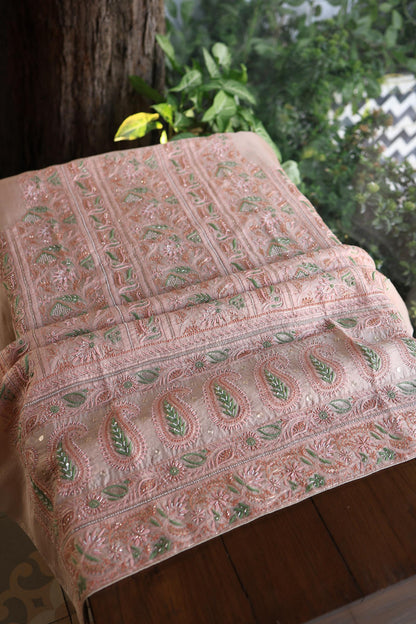 Dusty Peach Shade Noor Banarasi Organza Chikankari Unstitched Fabric