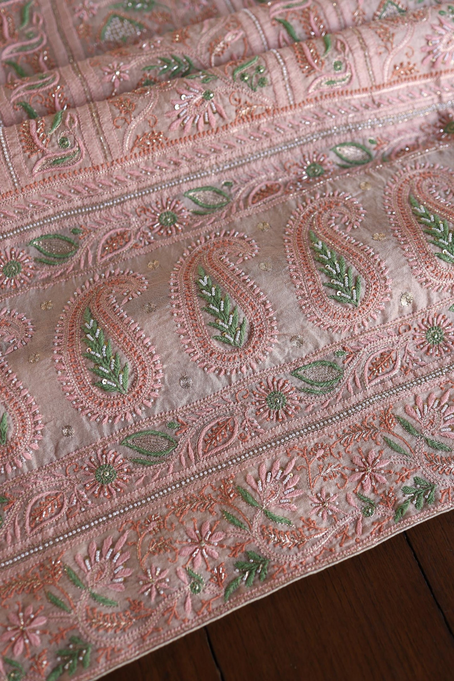 Dusty Peach Shade Noor Banarasi Organza Chikankari Unstitched Fabric
