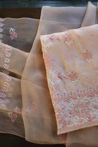 Dusty Peach Shade Organza Silk Chikankari Unstitched Fabric