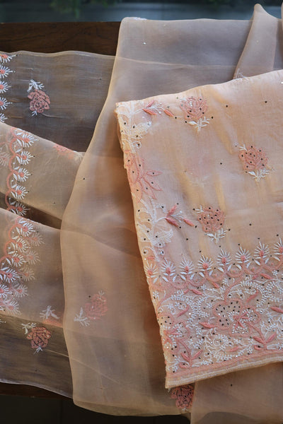 Dusty Peach Shade Organza Silk Chikankari Unstitched Fabric