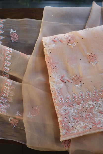 Dusty Peach Shade Organza Silk Chikankari Unstitched Fabric