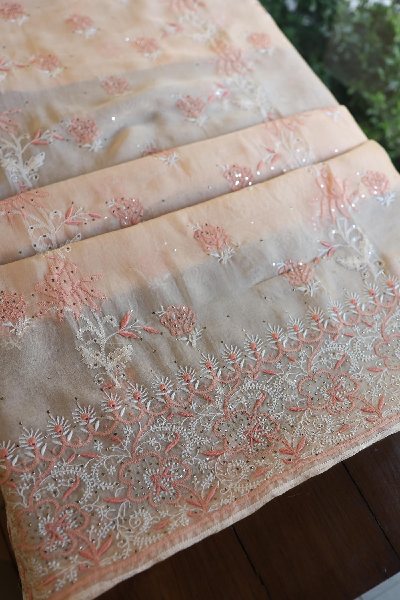 Dusty Peach Shade Organza Silk Chikankari Unstitched Fabric
