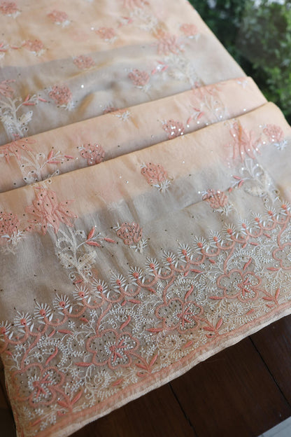 Dusty Peach Shade Organza Silk Chikankari Unstitched Fabric