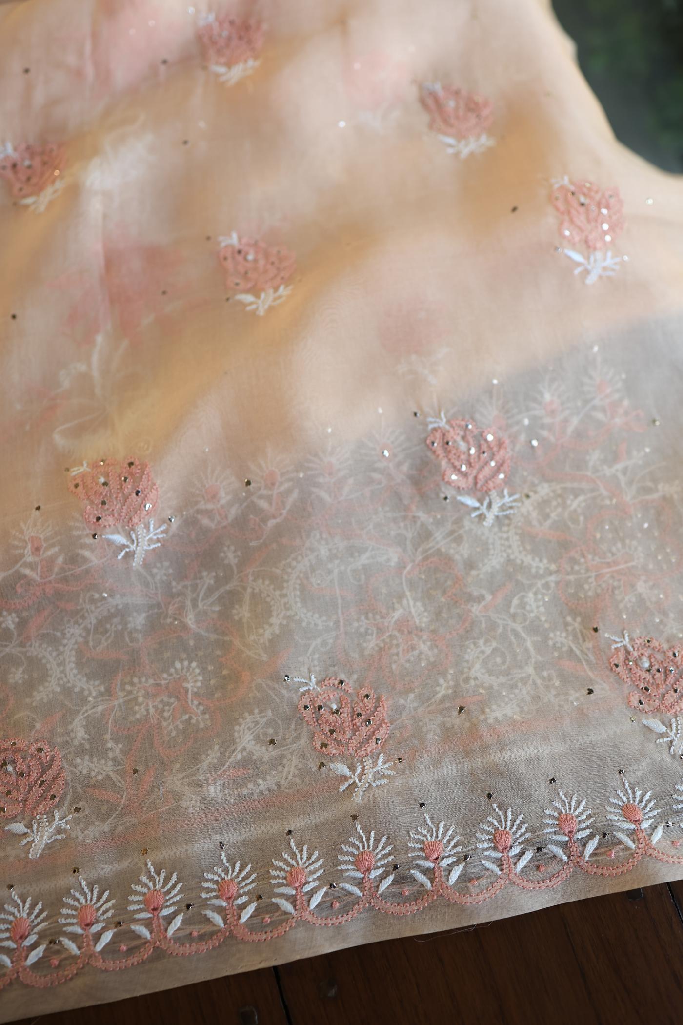 Dusty Peach Shade Organza Silk Chikankari Unstitched Fabric