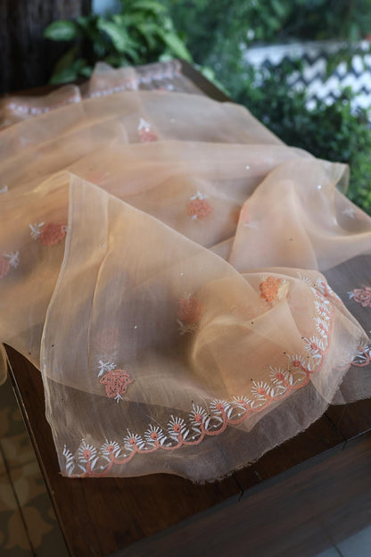 Dusty Peach Shade Organza Silk Chikankari Unstitched Fabric