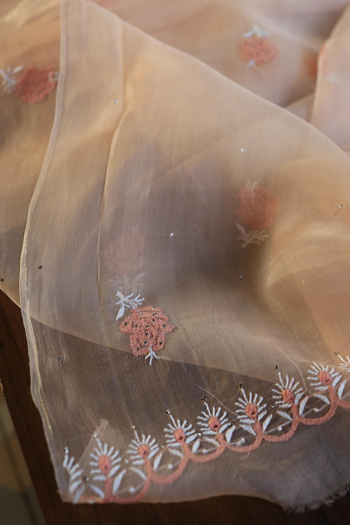 Dusty Peach Shade Organza Silk Chikankari Unstitched Fabric