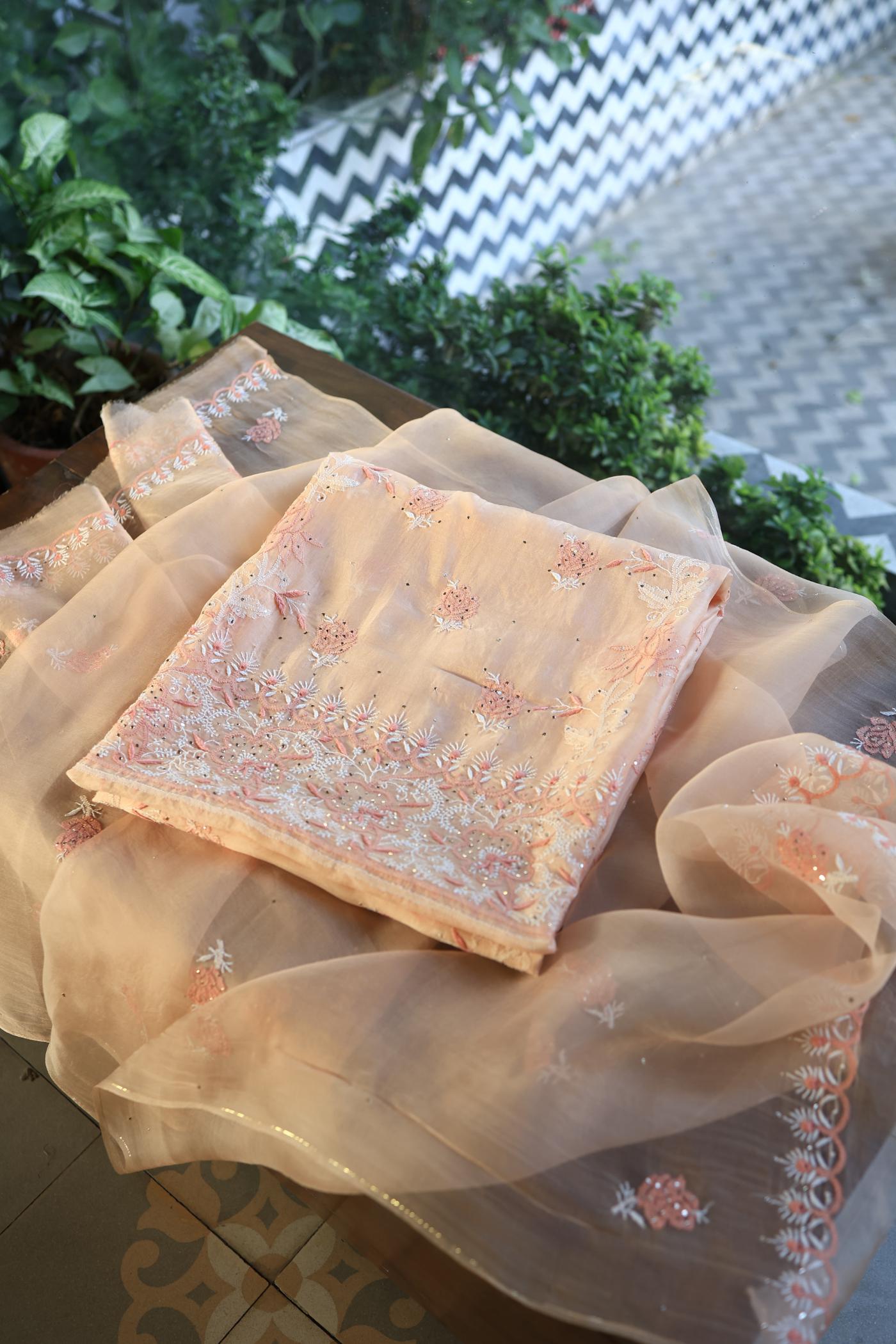 Dusty Peach Shade Organza Silk Chikankari Unstitched Fabric