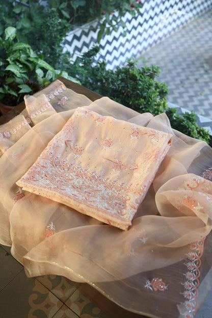 Dusty Peach Shade Organza Silk Chikankari Unstitched Fabric