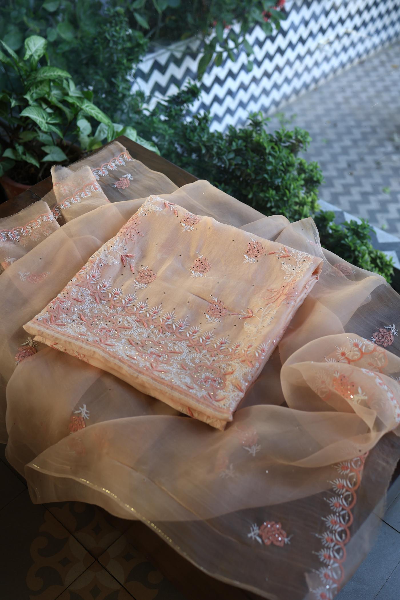 Dusty Peach Shade Organza Silk Chikankari Unstitched Fabric