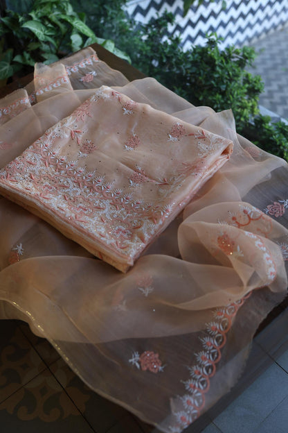 Dusty Peach Shade Organza Silk Chikankari Unstitched Fabric