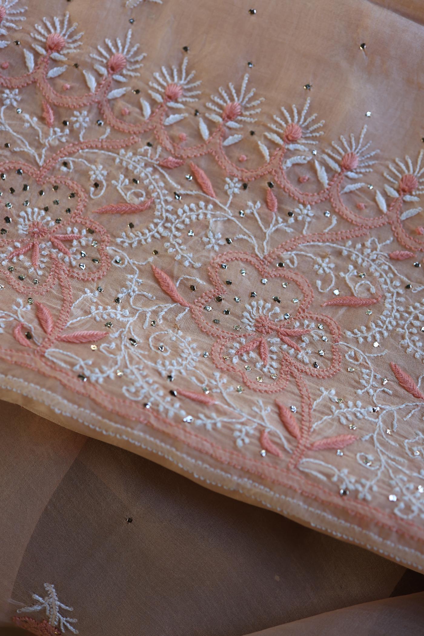 Dusty Peach Shade Organza Silk Chikankari Unstitched Fabric
