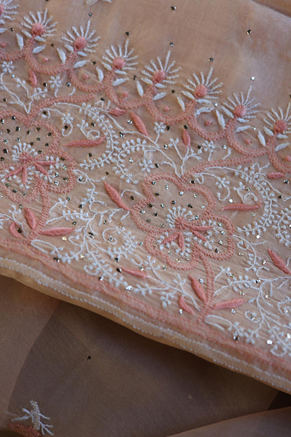 Dusty Peach Shade Organza Silk Chikankari Unstitched Fabric