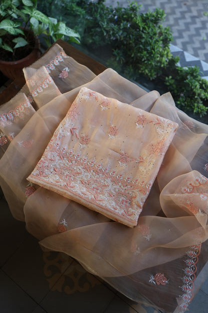 Dusty Peach Shade Organza Silk Chikankari Unstitched Fabric