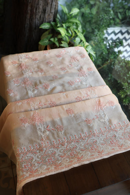 Dusty Peach Shade Organza Silk Chikankari Unstitched Fabric