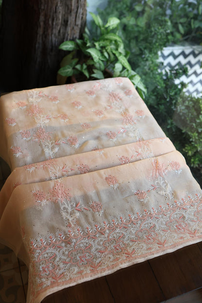 Dusty Peach Shade Organza Silk Chikankari Unstitched Fabric