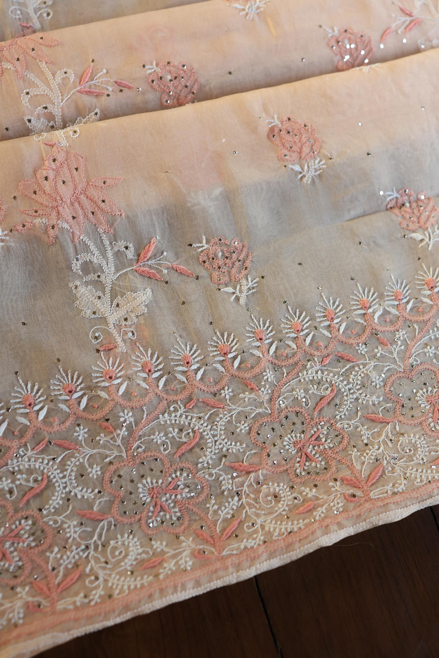 Dusty Peach Shade Organza Silk Chikankari Unstitched Fabric