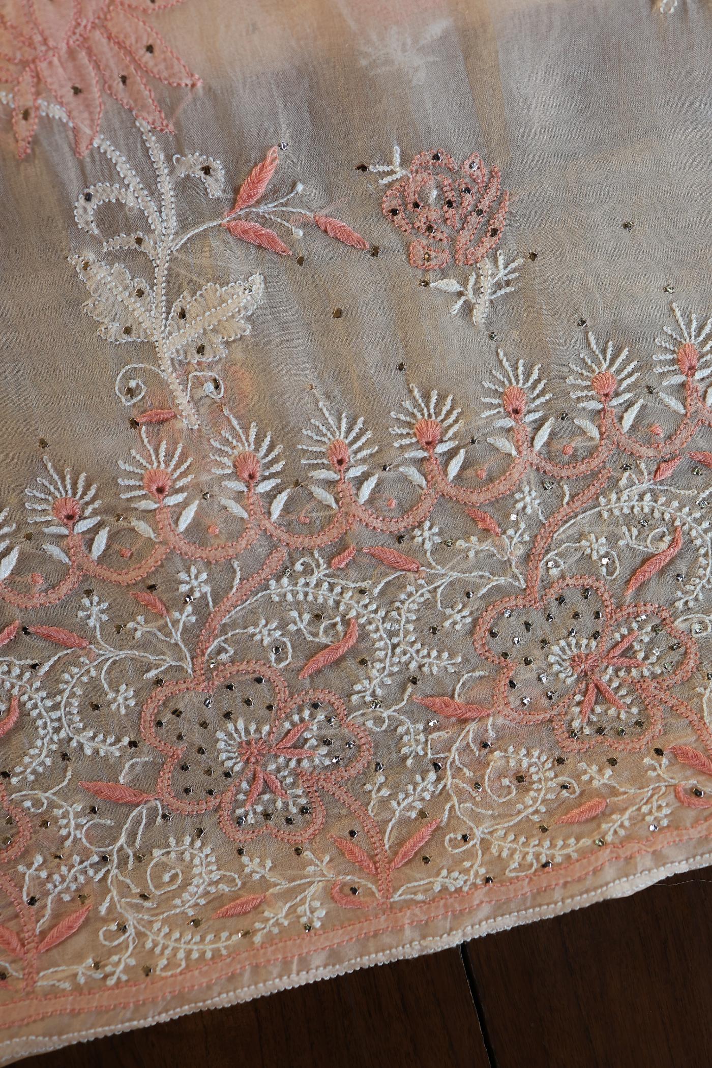Dusty Peach Shade Organza Silk Chikankari Unstitched Fabric