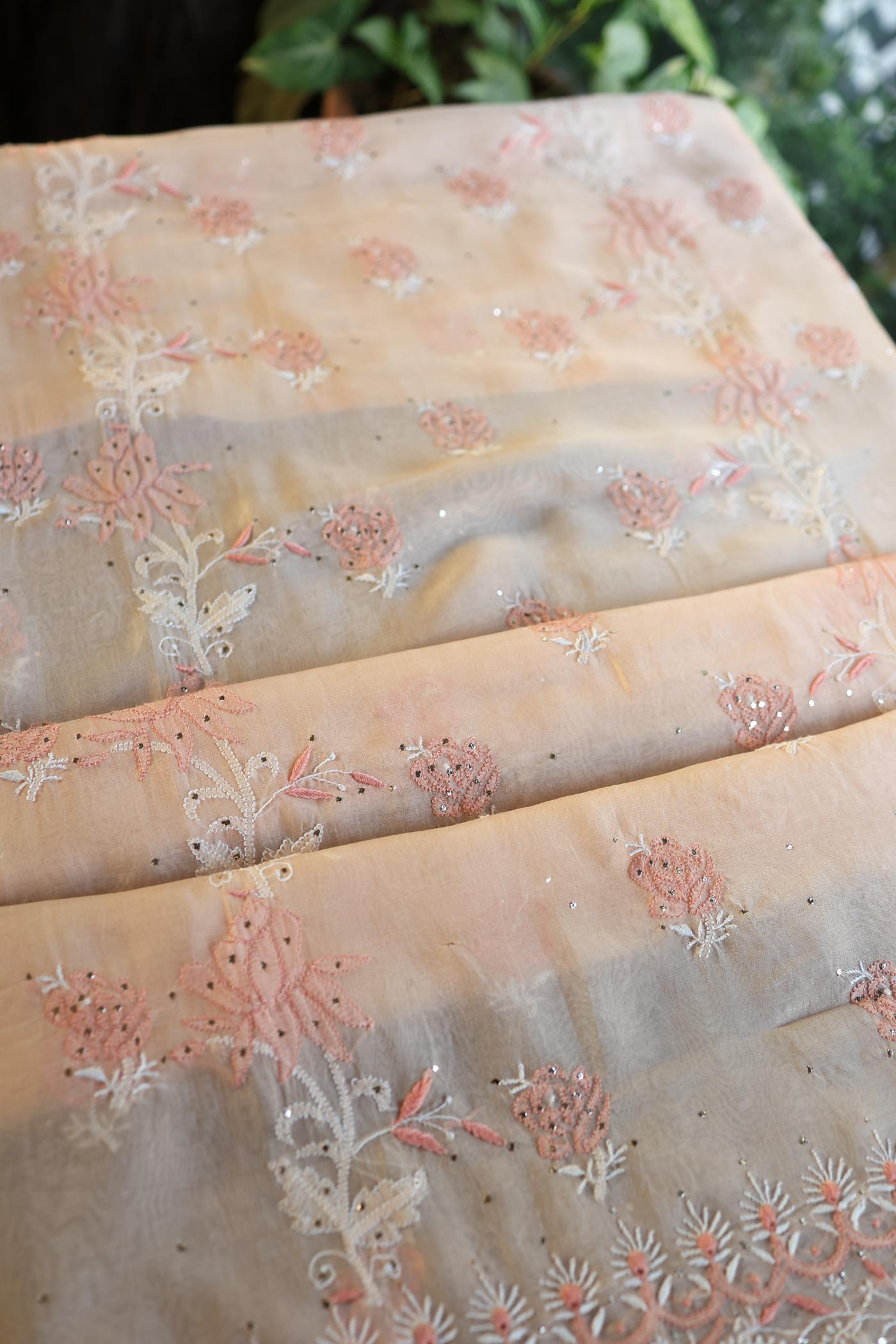 Dusty Peach Shade Organza Silk Chikankari Unstitched Fabric
