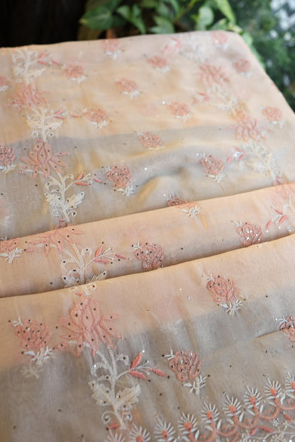 Dusty Peach Shade Organza Silk Chikankari Unstitched Fabric