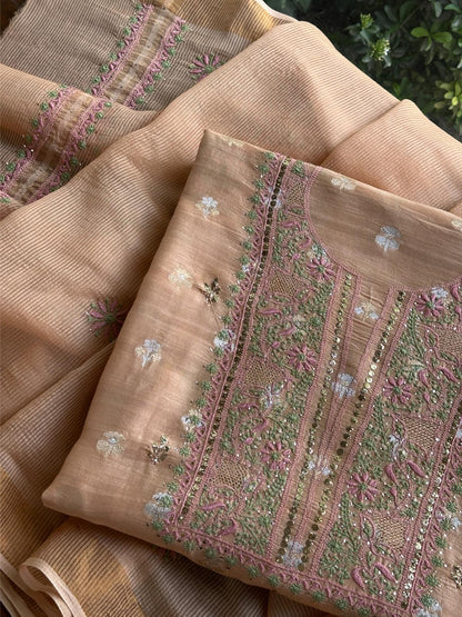 Dusty Peach Shade Zari Booti Fine Chikankari With Kamdani Work Unstitched Fabric