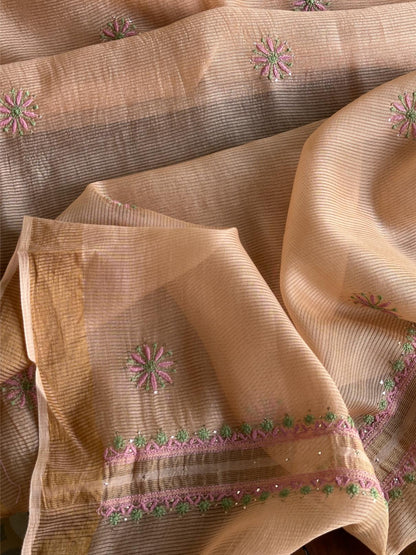 Dusty Peach Shade Zari Booti Fine Chikankari With Kamdani Work Unstitched Fabric