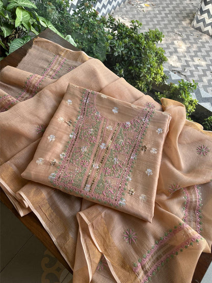 Dusty Peach Shade Zari Booti Fine Chikankari With Kamdani Work Unstitched Fabric