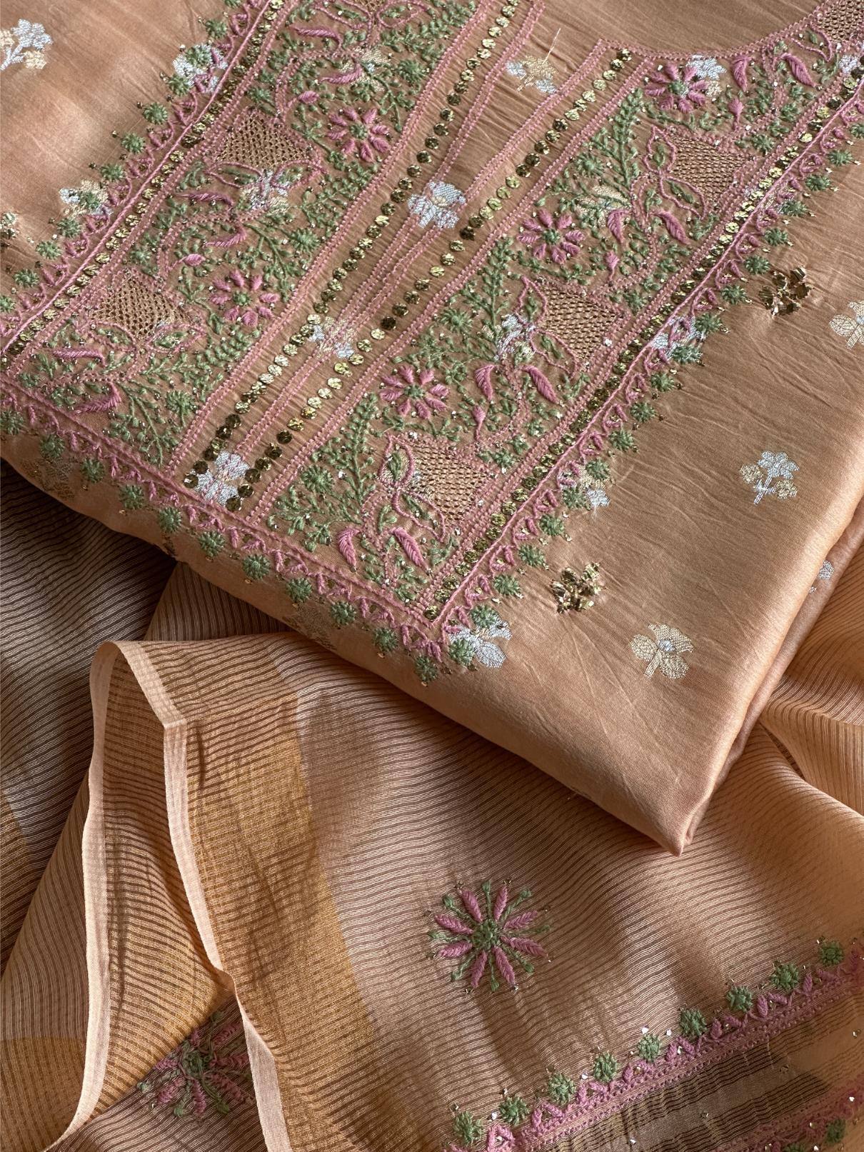 Dusty Peach Shade Zari Booti Fine Chikankari With Kamdani Work Unstitched Fabric