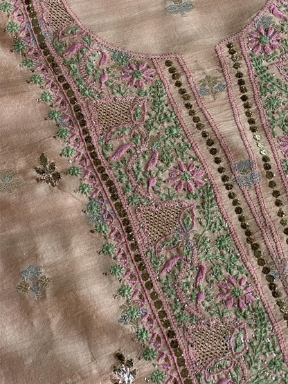 Dusty Peach Shade Zari Booti Fine Chikankari With Kamdani Work Unstitched Fabric