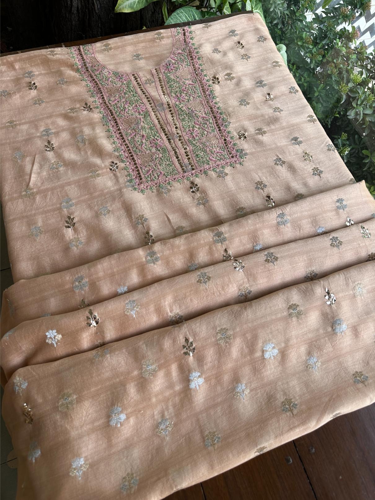Dusty Peach Shade Zari Booti Fine Chikankari With Kamdani Work Unstitched Fabric