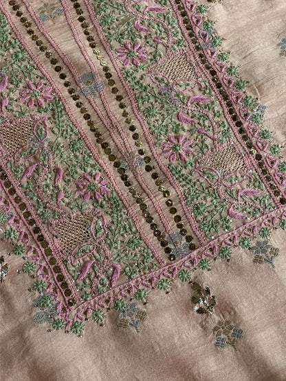 Dusty Peach Shade Zari Booti Fine Chikankari With Kamdani Work Unstitched Fabric