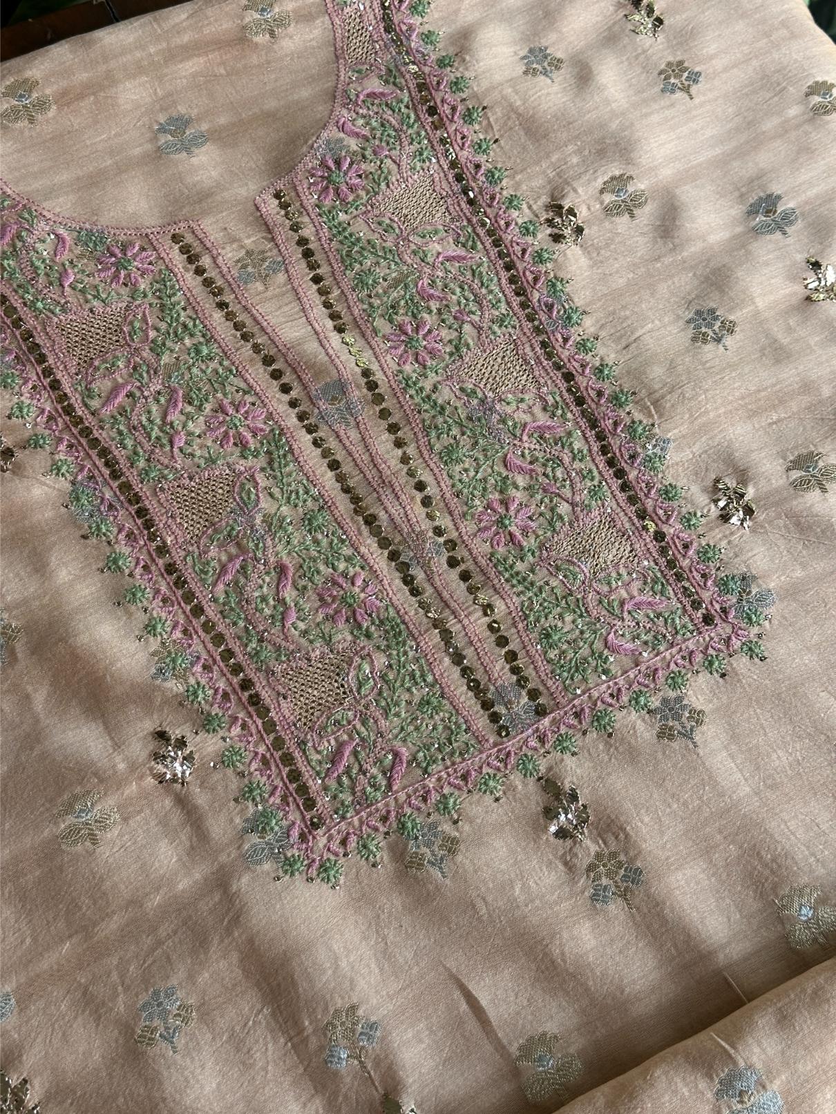Dusty Peach Shade Zari Booti Fine Chikankari With Kamdani Work Unstitched Fabric